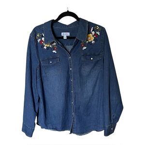 Denim & Co. Blue Denim Embroidered Floral Long Sleeve Button-Up Shirt Size XL